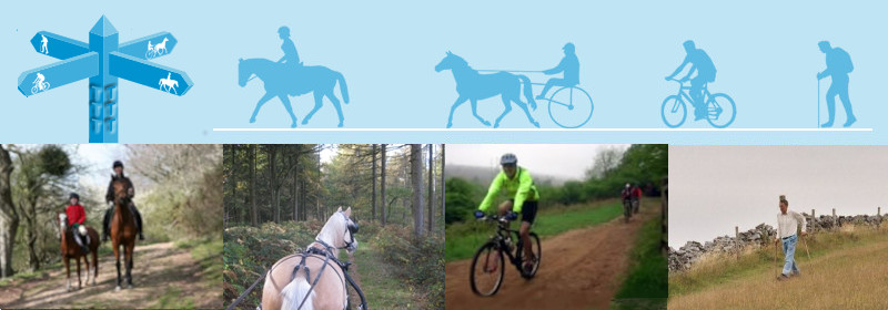 Collage of photos of different types of trail users. Plus Silhouettes and the fingerpost logo.